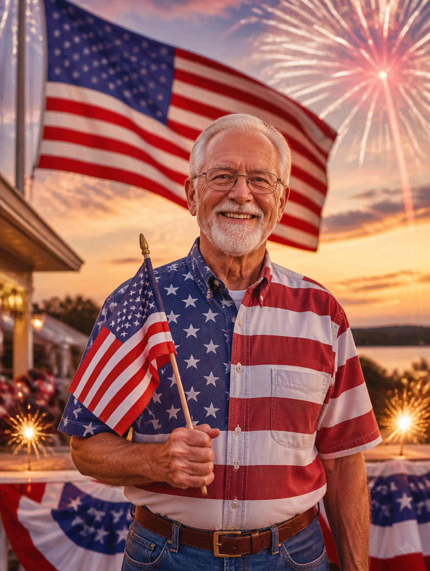 Example PatriotPose portrait — a proud man holding an American flag with fireworks behind him
