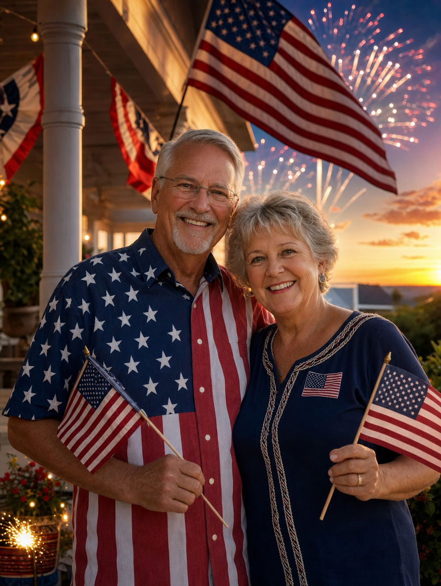 Example: a couple on the porch with flags