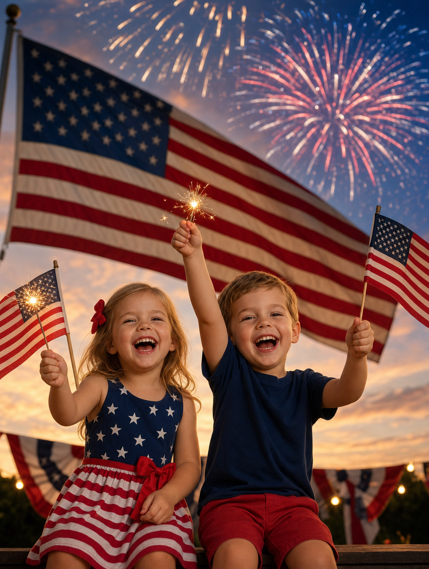 Example: grandkids waving flags and sparklers